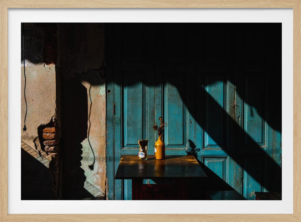 Empty table at cafeteria on the street side | Poster