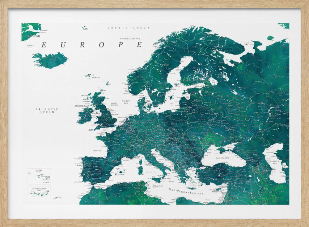 Teal detailed map of Europe | Poster