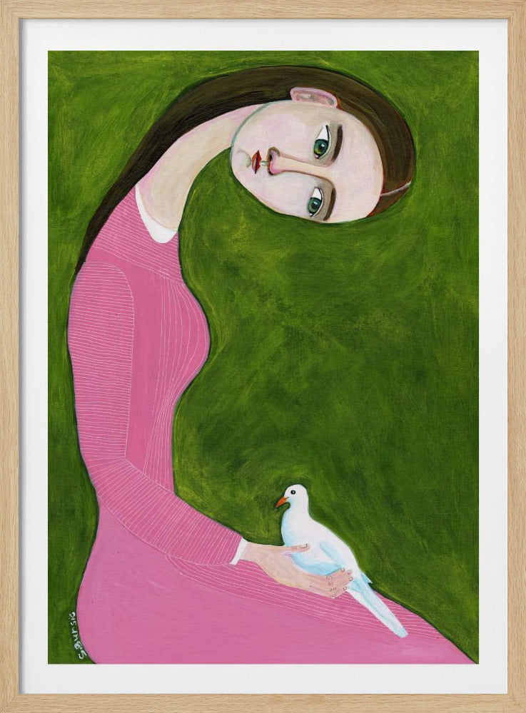 Girl with Dove sitting with pink dress | Poster