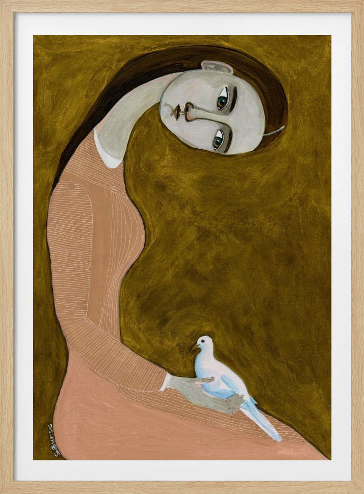 Girl with Dove sitting with pink dress | Poster