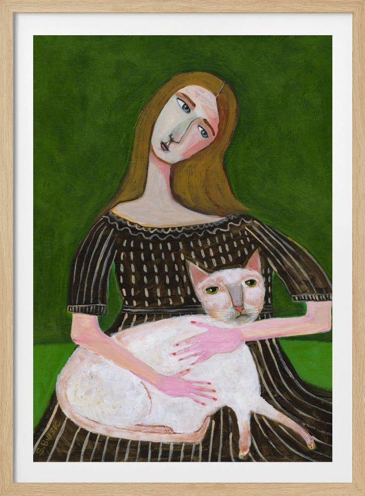 vintage lady with white cat | Poster