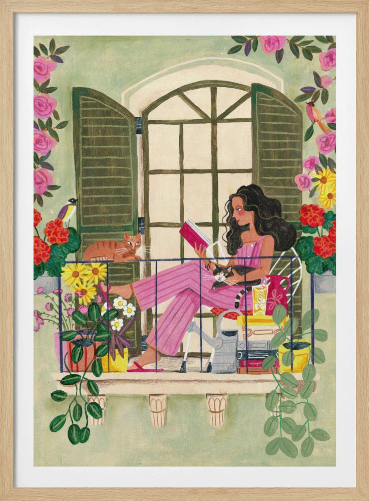 Woman reads on balcony | Poster