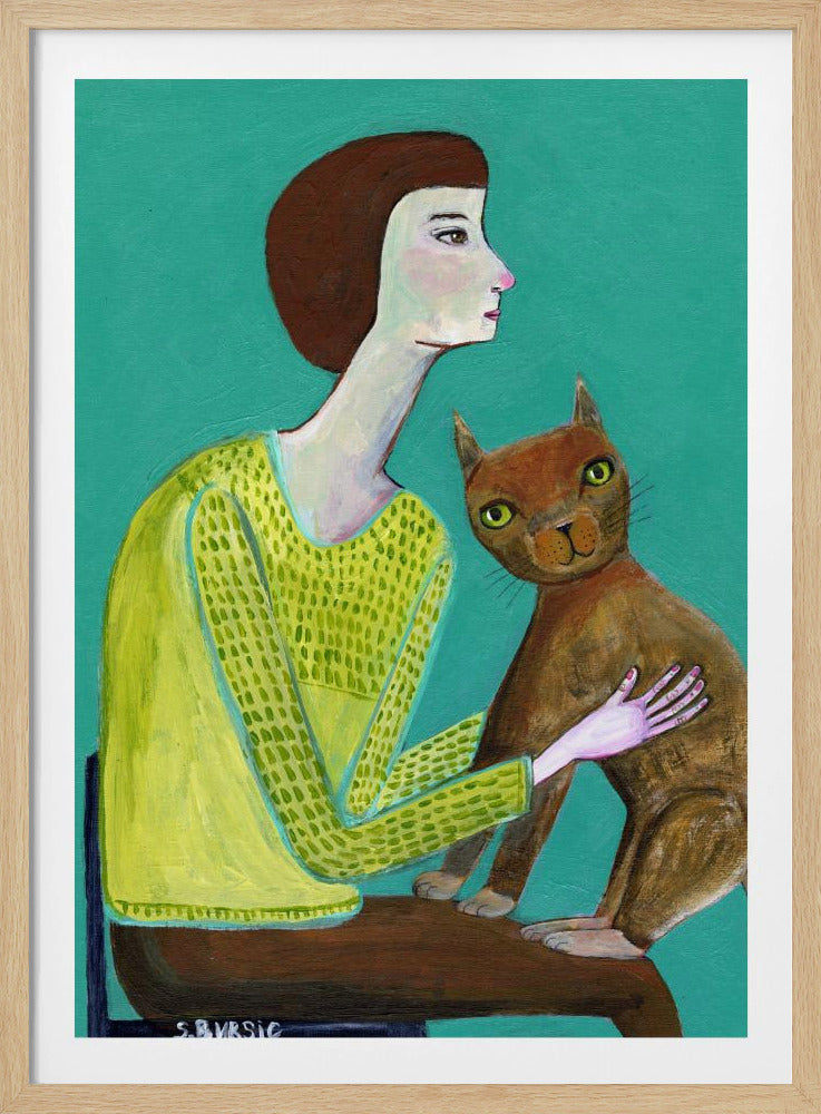 Lady Sitting with Brown Cat Cat Lover | Poster