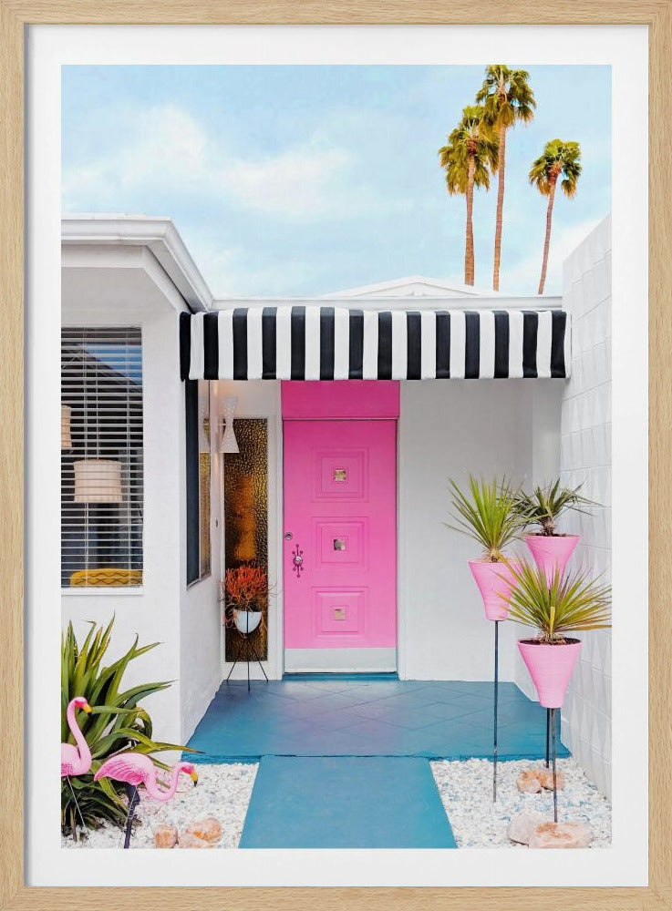 Pink Door with Yard Flamingos | Poster