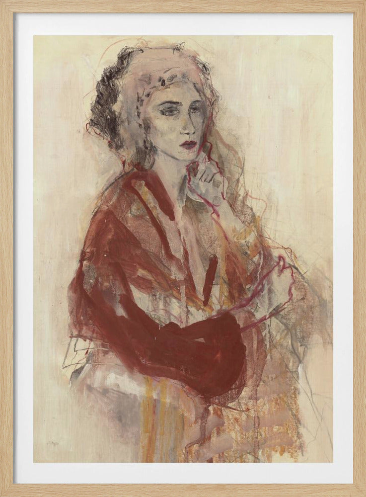 Contemplative Woman In Warm Red Tones | Poster