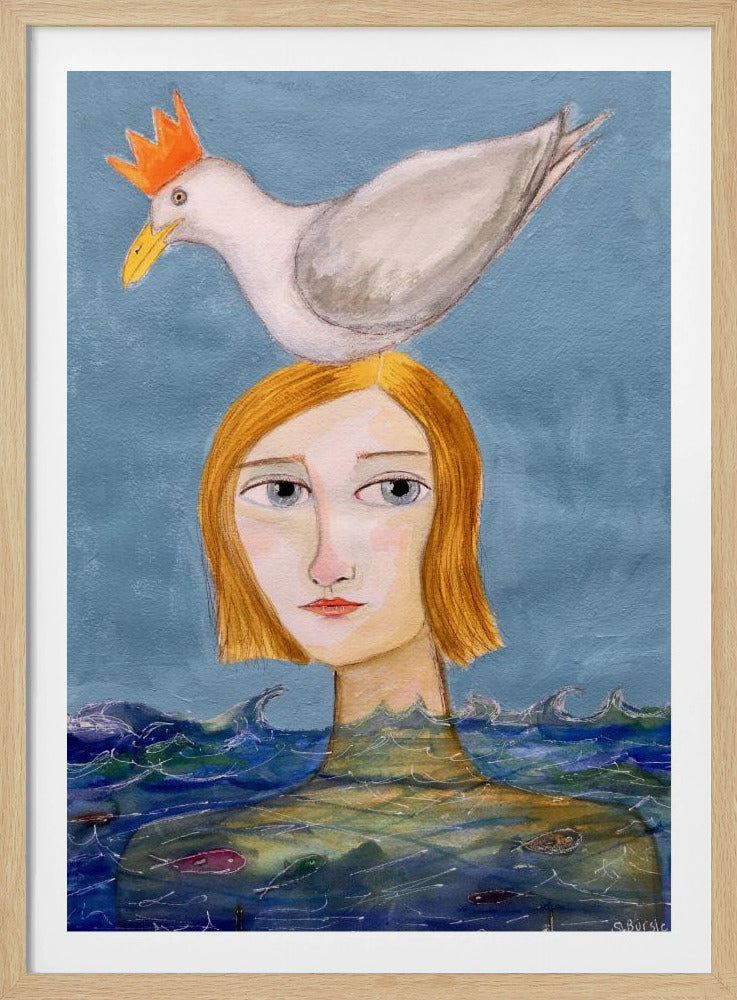 Lady swimmer with seagull | Poster