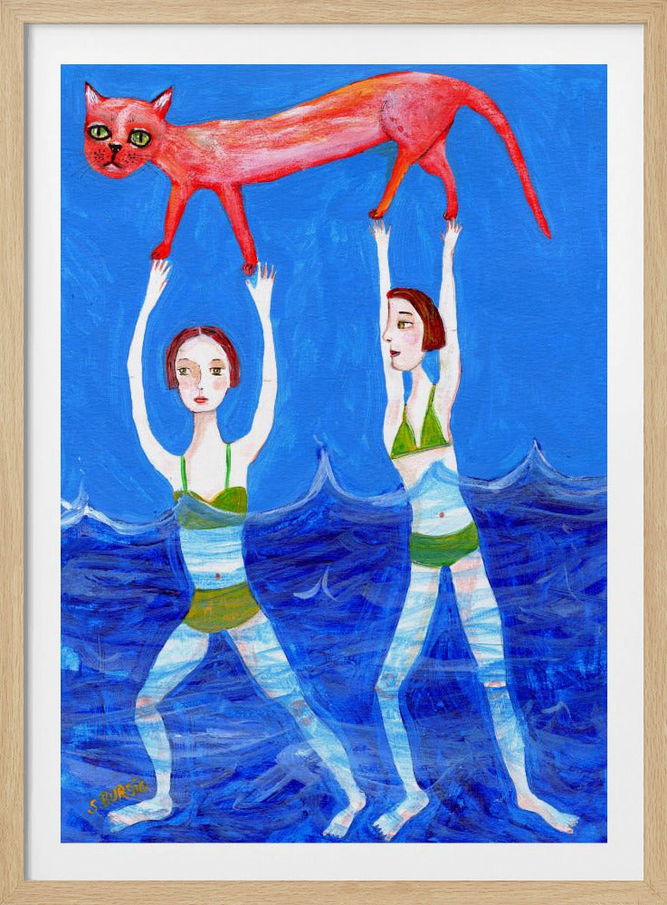 Two swimmers with pink cat | Poster