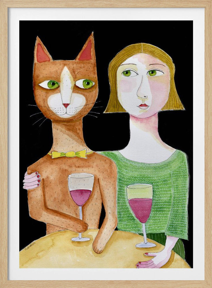 Best Friends Cat and Lady drinking wine | Poster