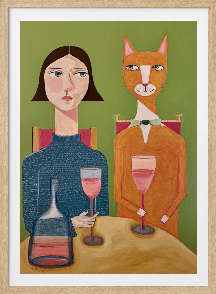 Lady and Cat Drinking Wine | Poster