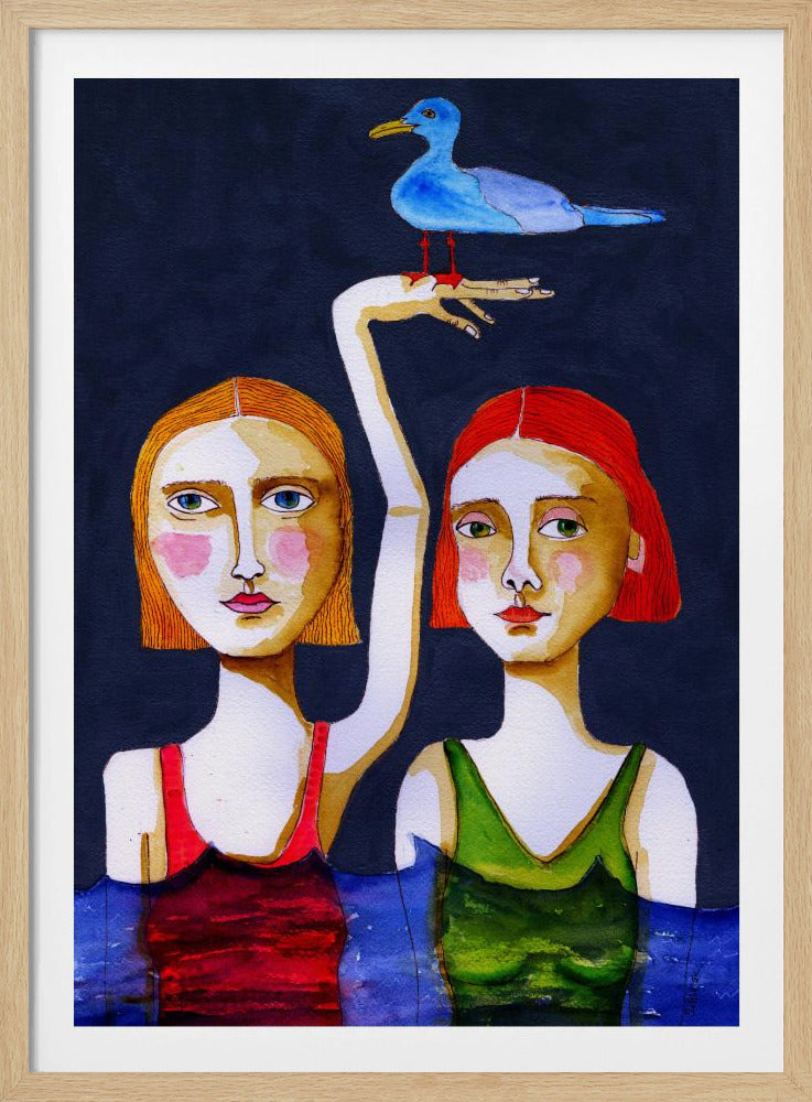 Swimming Girls with Blue Seagul. | Poster