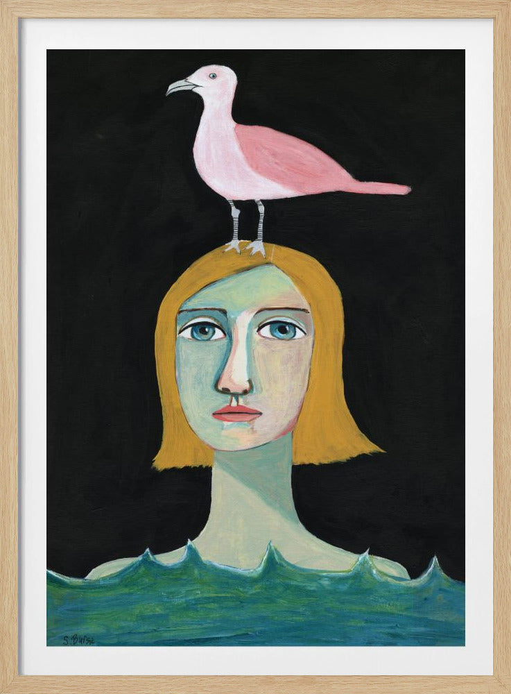 Swimming Girl with Pink Seagull | Poster