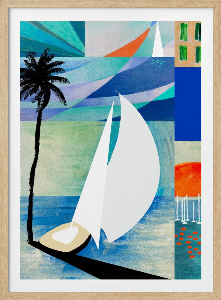 Colourful Mediterranean Travel Art Print With Sunrise And Palm Tree | Poster