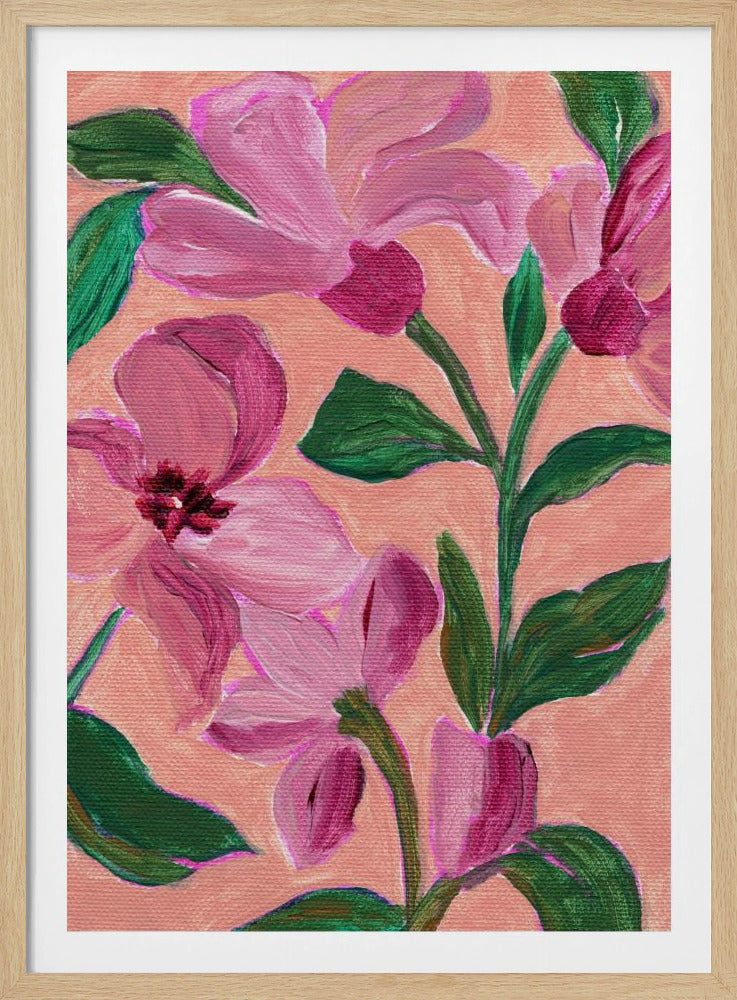 Pink Flowers With Bold Green Leaves | Poster