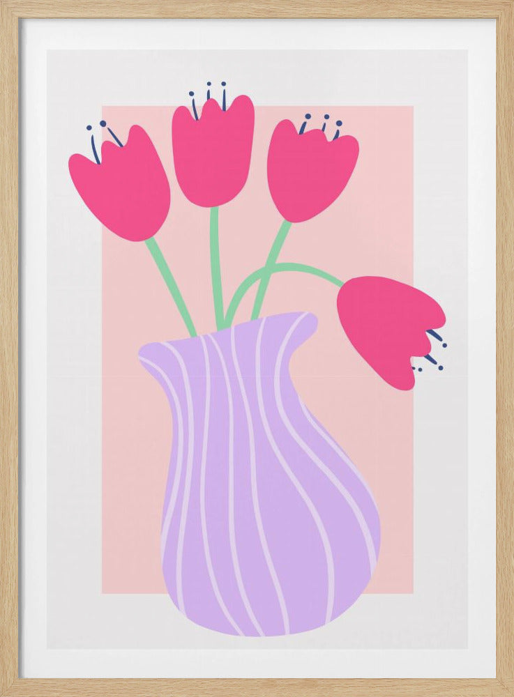 Vibrant Tulips in a Striped Lavender Vase | Poster