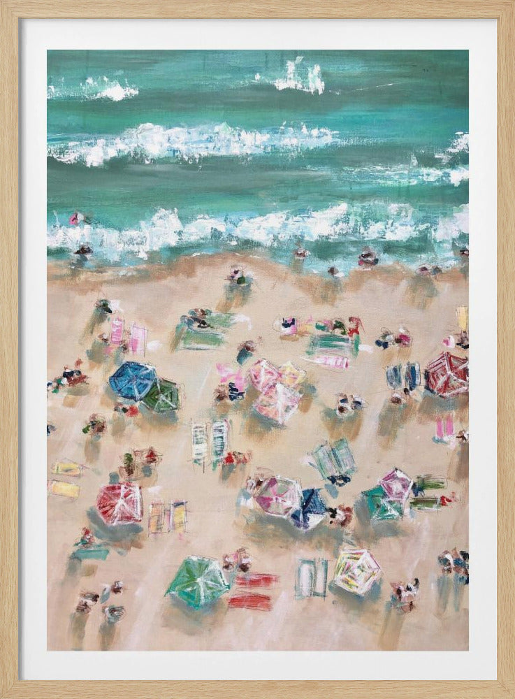 Colorful Umbrellas and Sunbathers on a Sandy Shore | Poster