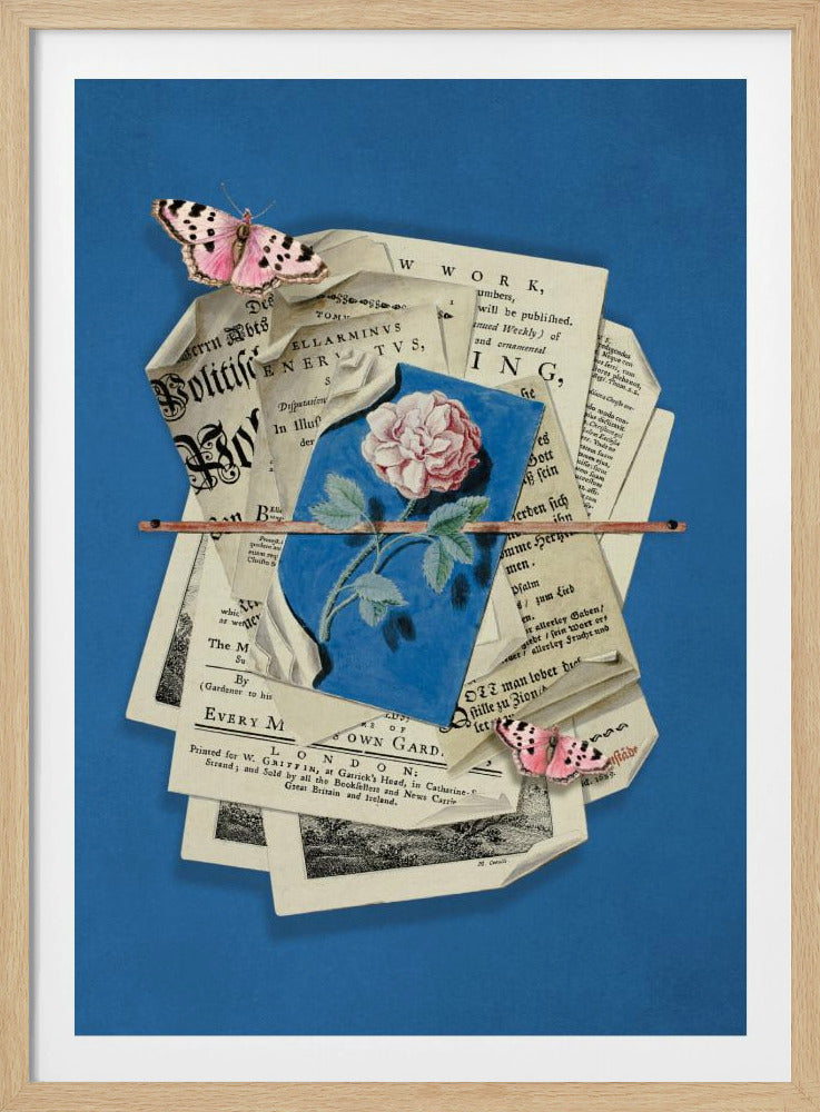 Pink Rose Surrounded By Vintage Paper | Poster