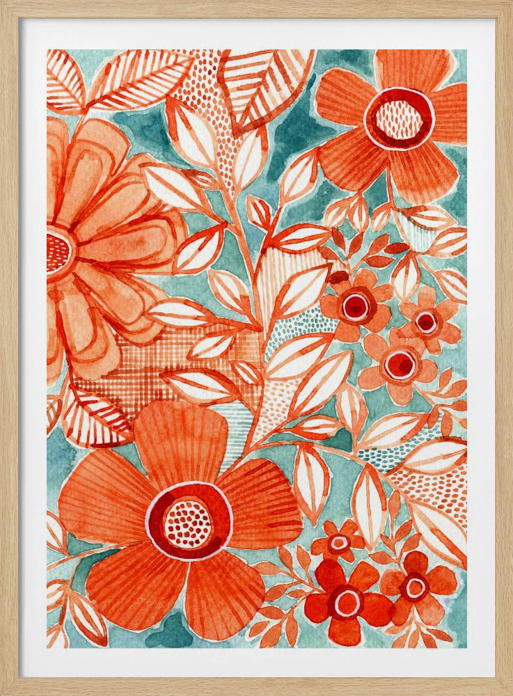 Red Daisies With Aqua | Poster