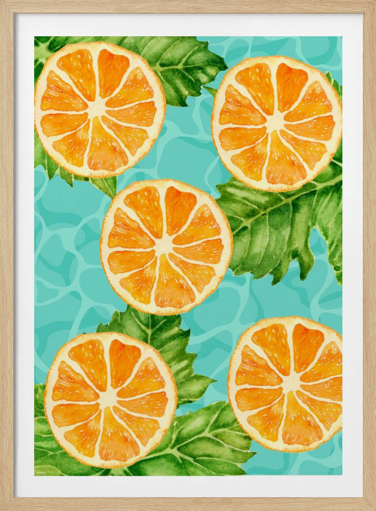 Vibrant Aesthetic Pattern of Orange Slices and Leaves - Refreshing Summer Watercolor | Poster