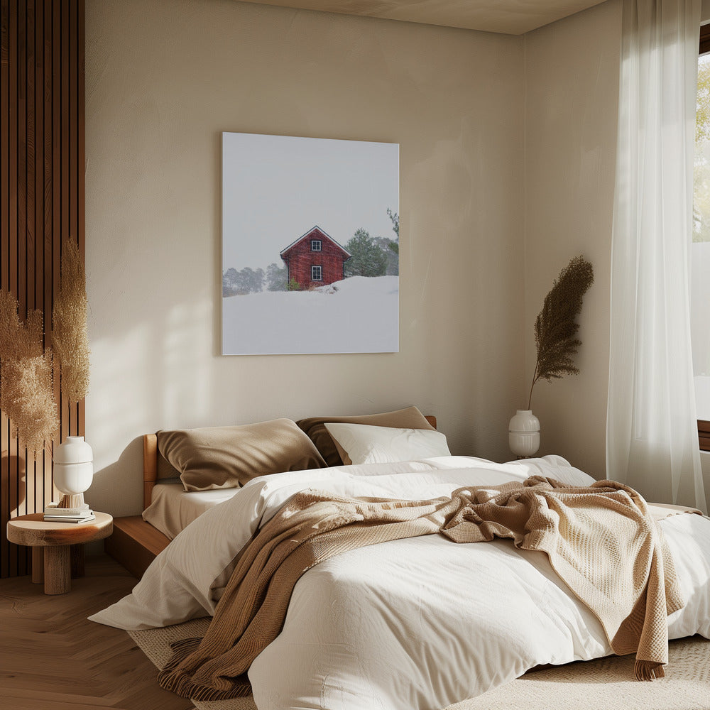 Old red house during snowstorm | Canvas