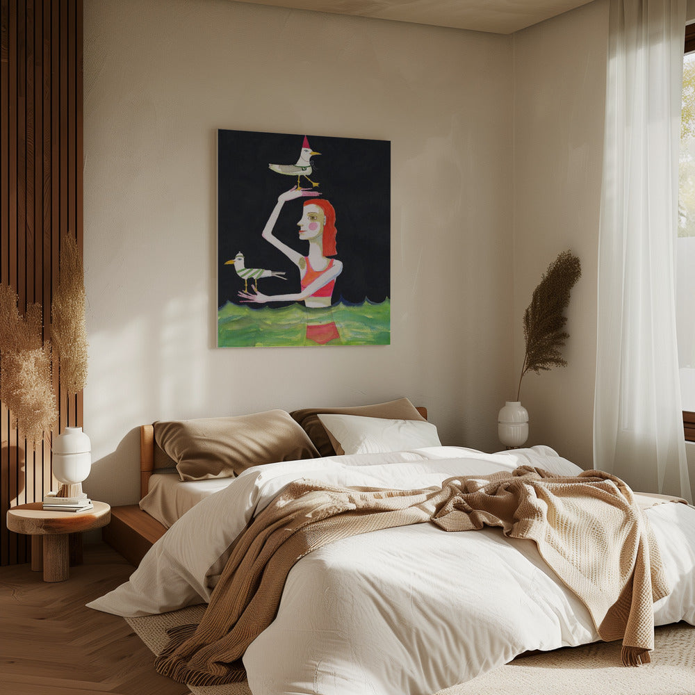 Swimming Lady with birds | Canvas