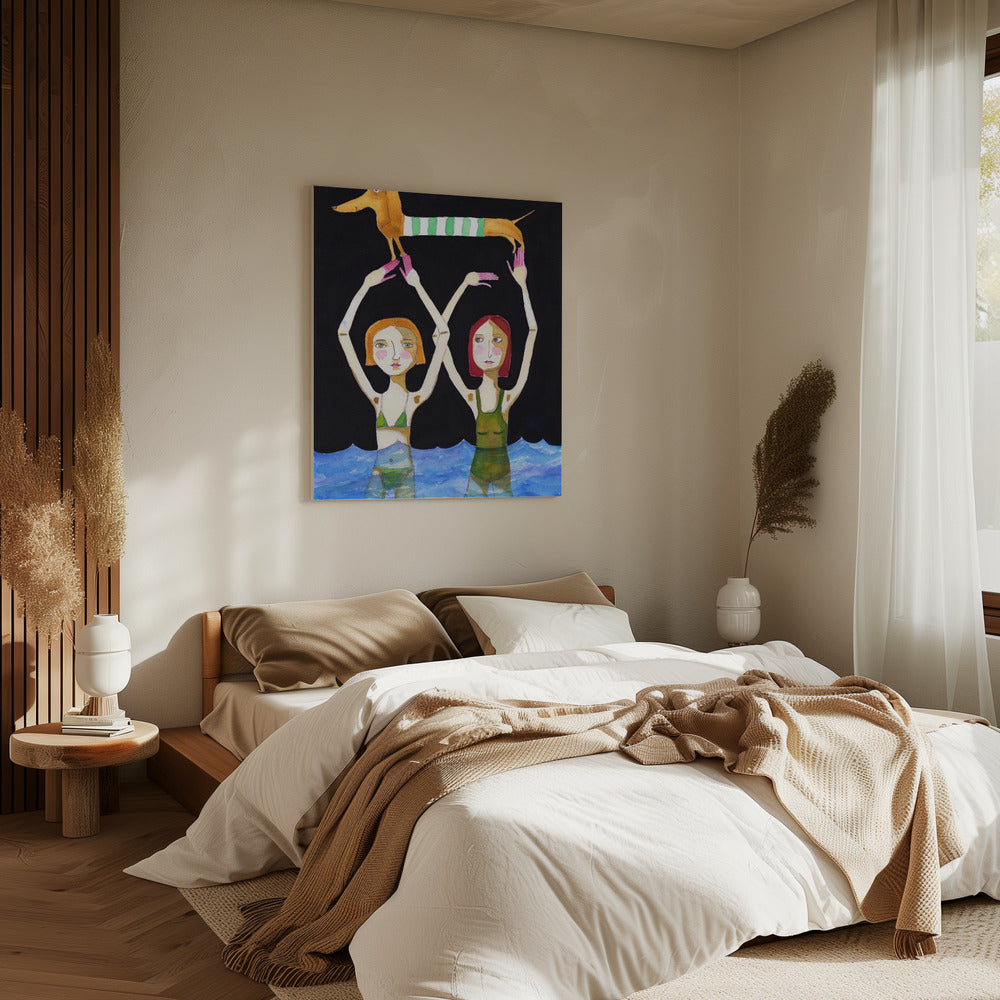 Swimming Girls with Sausage Dog | Canvas