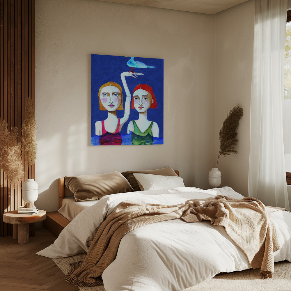 Swimming Ladies with Blue Bird | Canvas