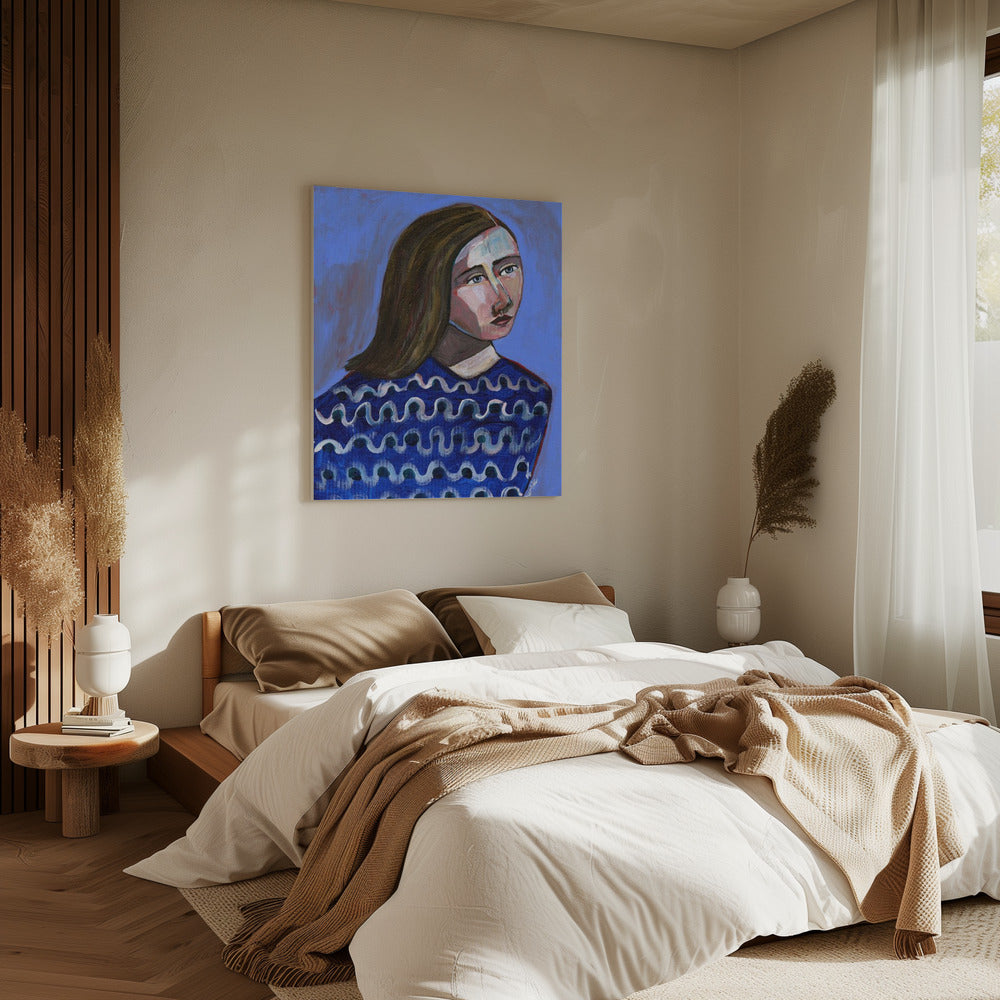 Woman in Blue Sweater Naive Portrait Figurative | Canvas