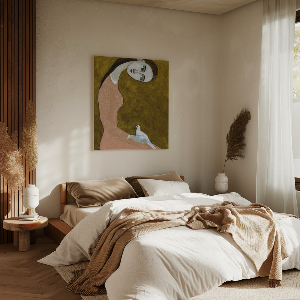 Girl with Dove sitting with pink dress | Canvas