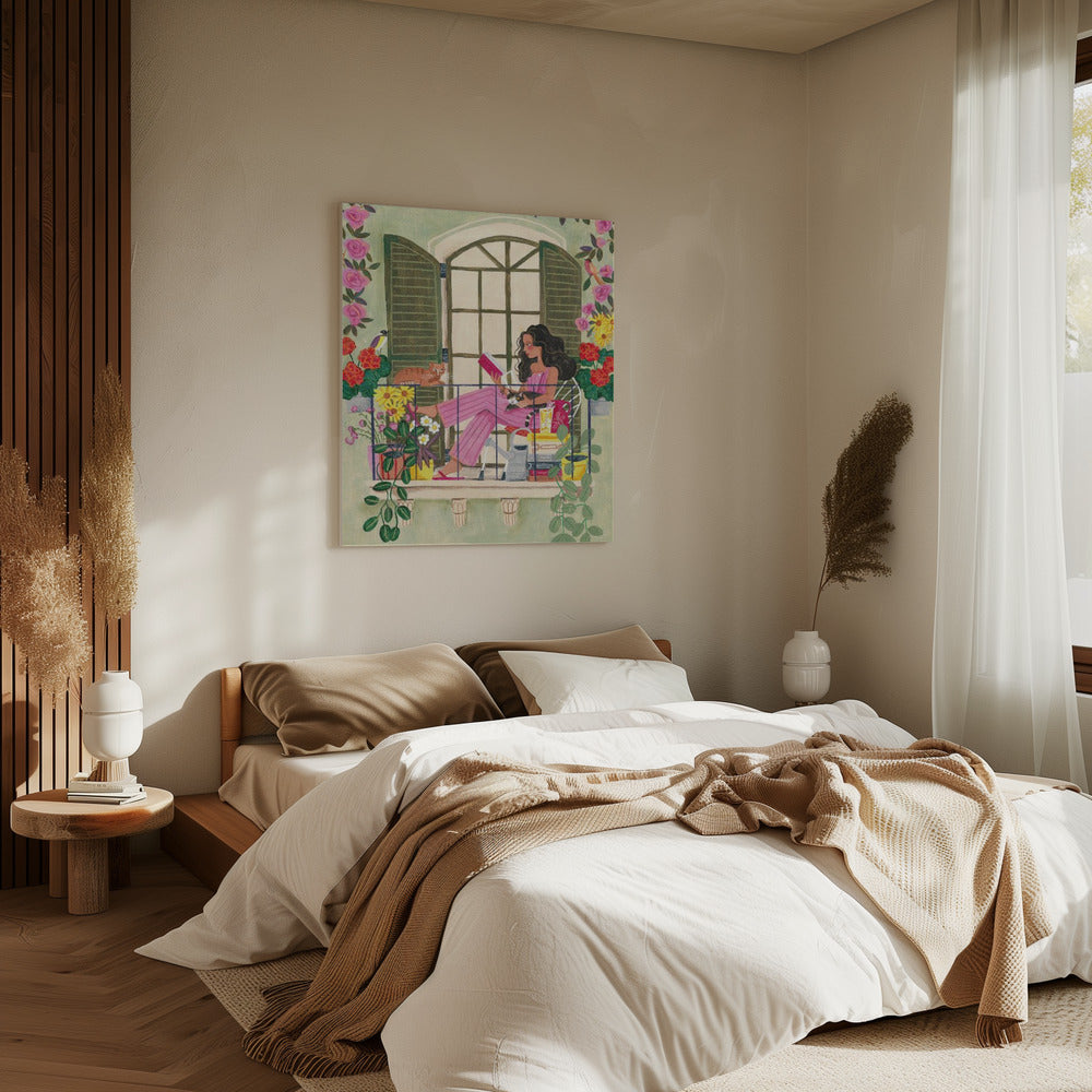 Woman reads on balcony | Canvas