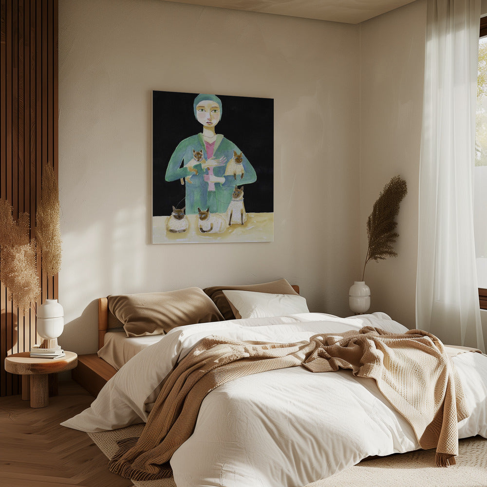 Lady with Five Siamese Cats | Canvas