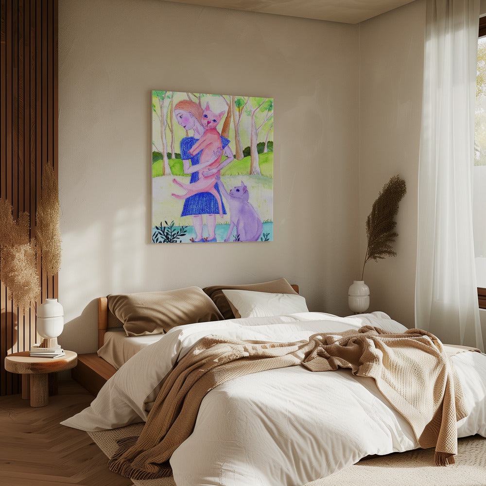 Lady with the pink and blue cat. | Canvas