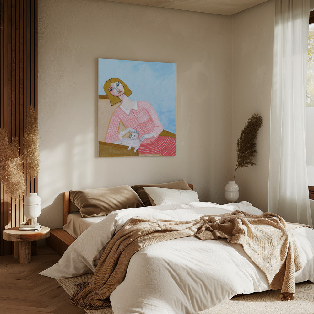 Lady with white cat | Canvas