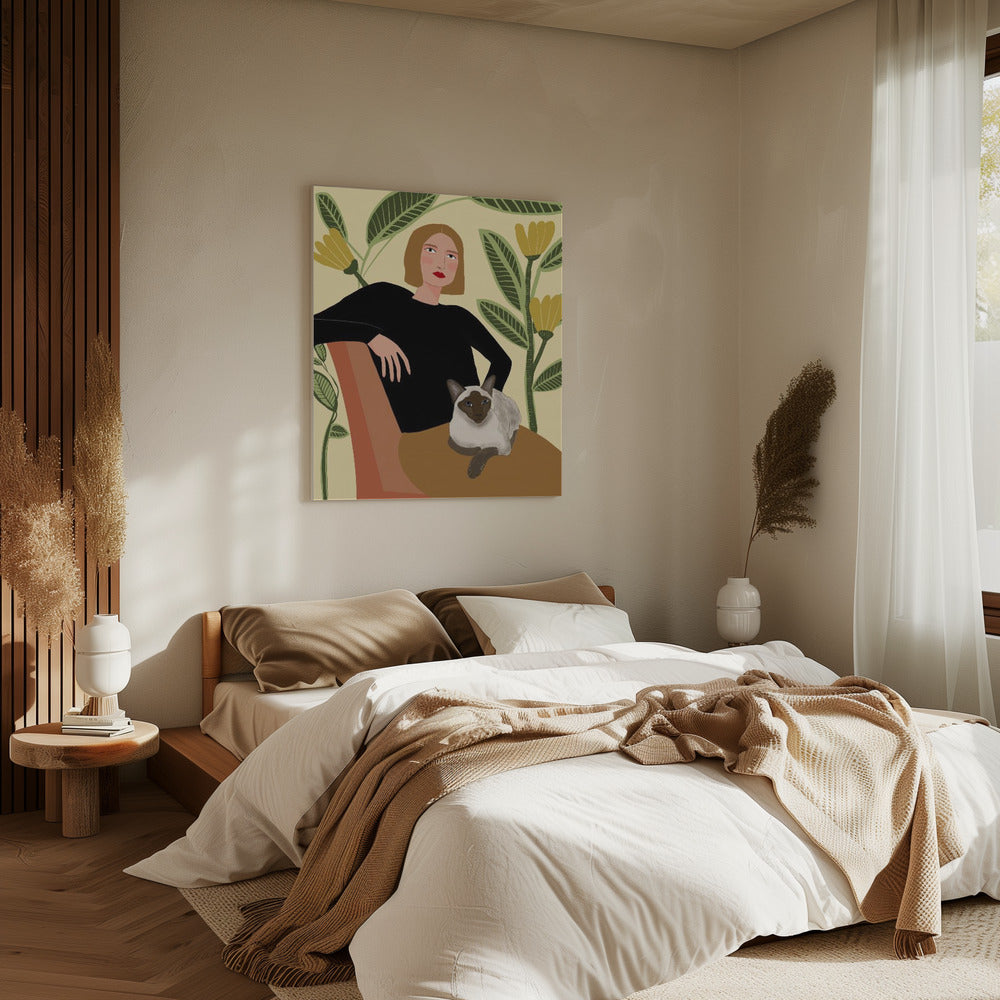 Lady with plants and cat | Canvas