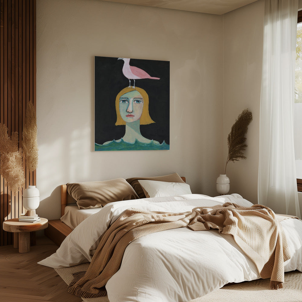 Swimming Girl with Pink Seagull | Canvas