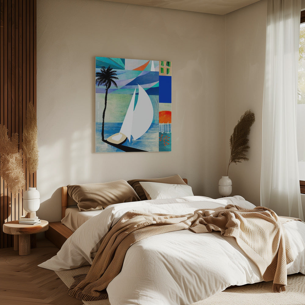 Colourful Mediterranean Travel Art Print With Sunrise And Palm Tree | Canvas