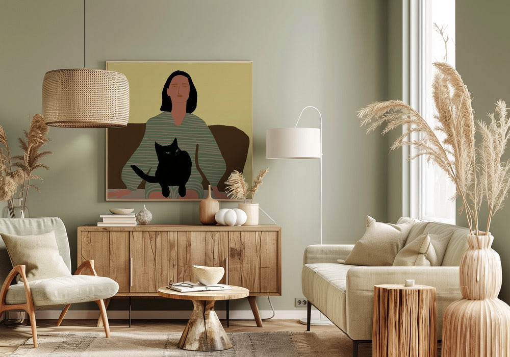 Lady sitting with black cat. | Canvas