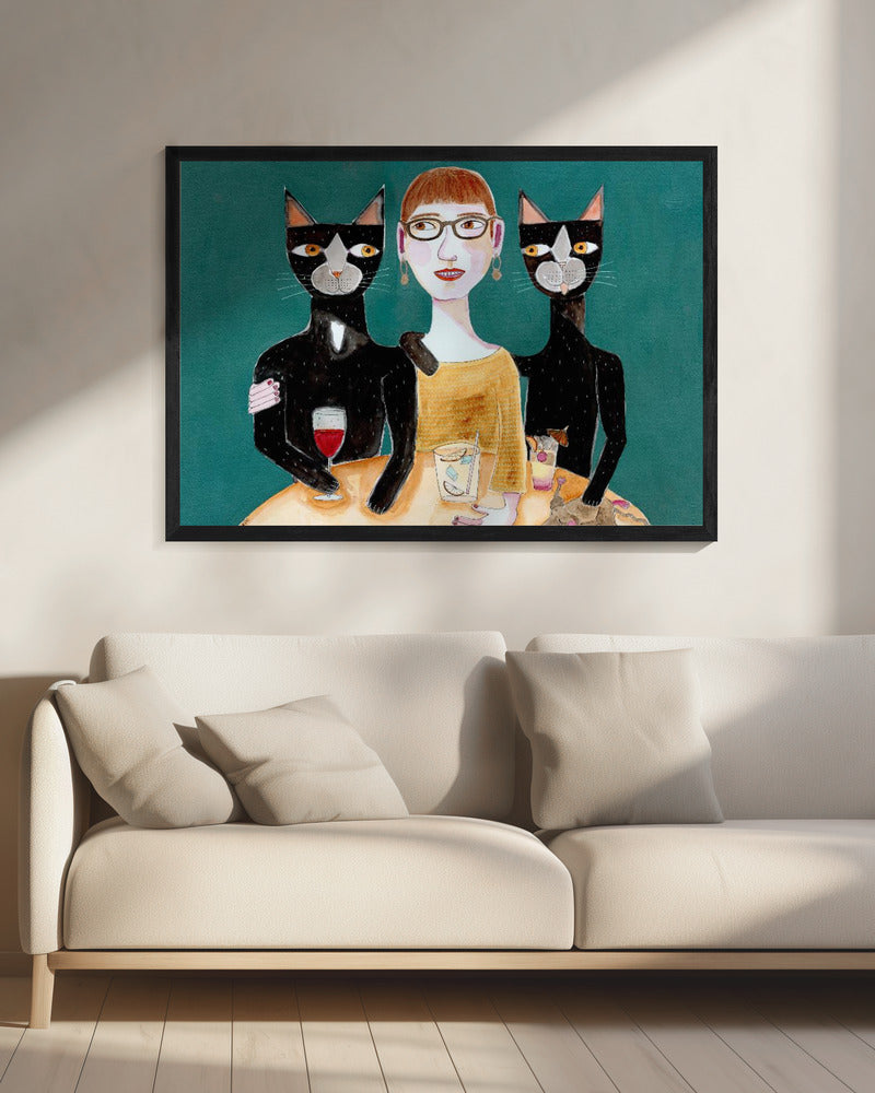 Lady with her two black cats having drinks | Canvas