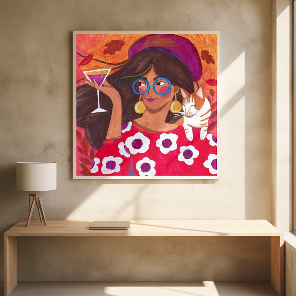 Modern Autumn portrait Woman with Cat | Poster