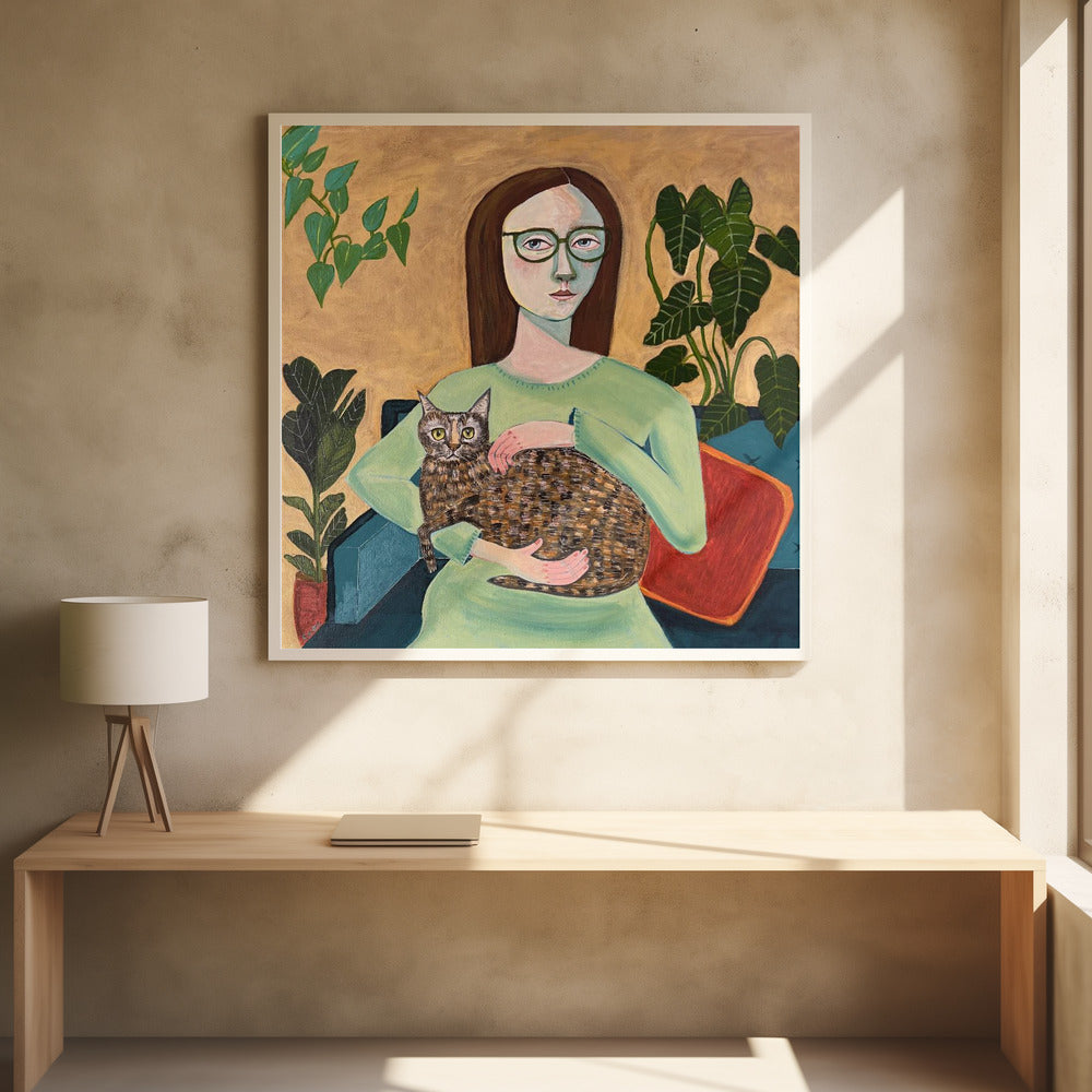 Lady with her Cat in Loungeroom | Poster