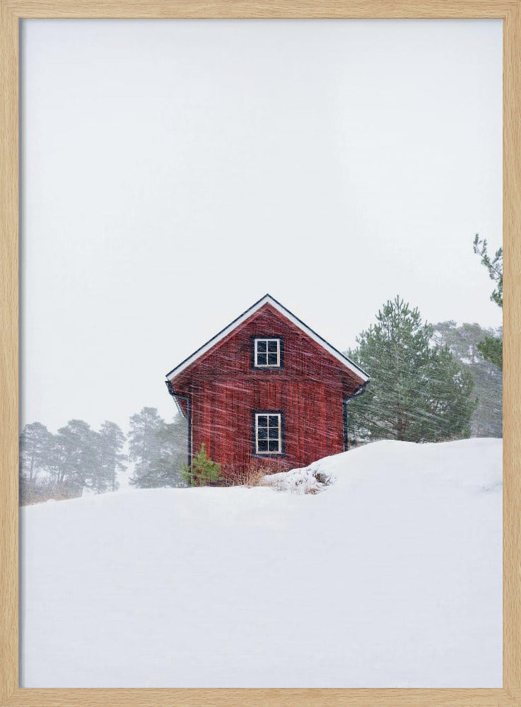 Old red house during snowstorm | Poster