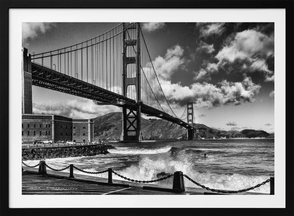 Surfing under the Golden Gate Bridge | Poster