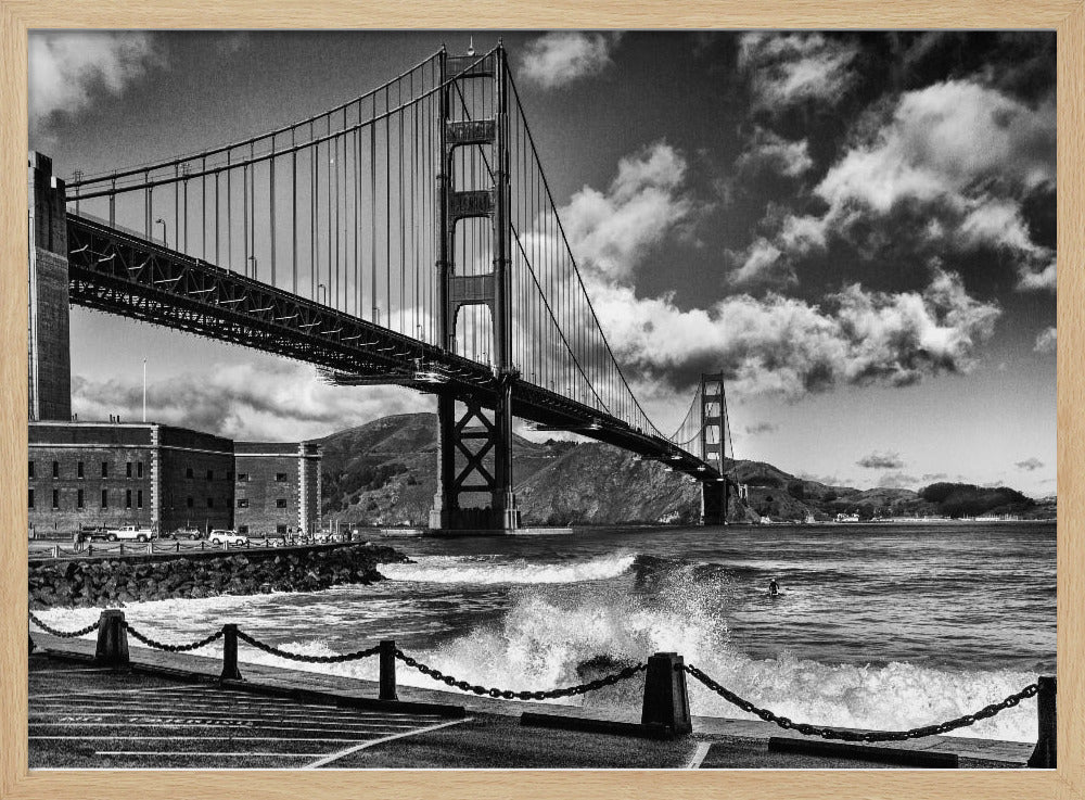 Surfing under the Golden Gate Bridge | Poster