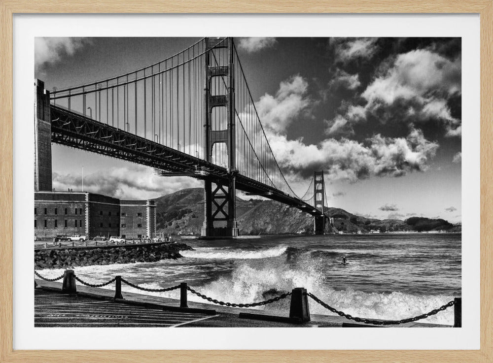 Surfing under the Golden Gate Bridge | Poster