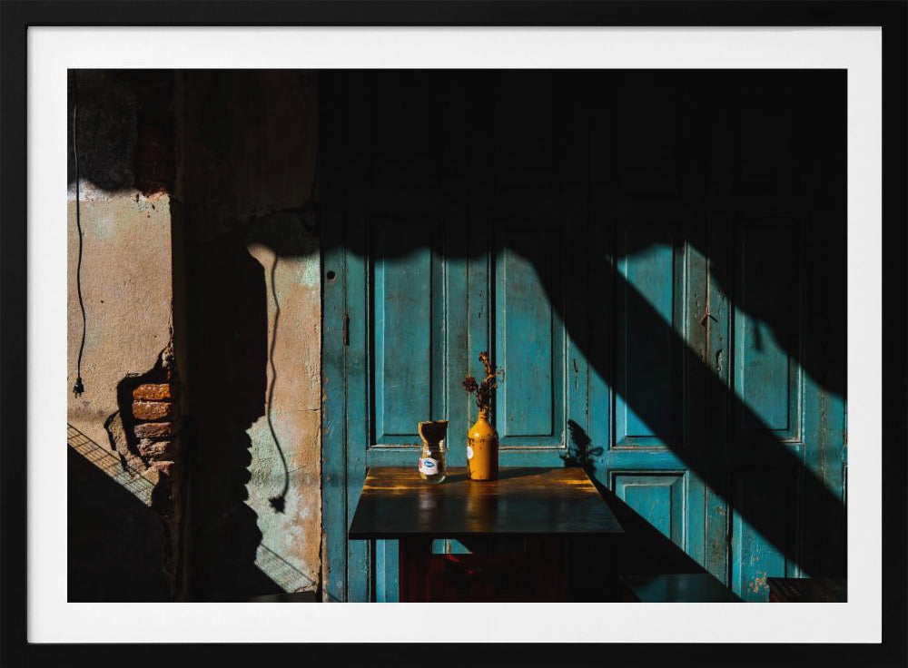 Empty table at cafeteria on the street side | Poster