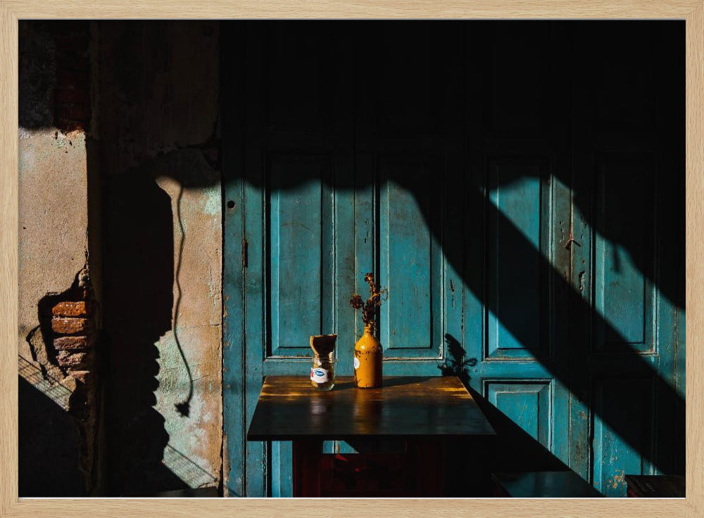 Empty table at cafeteria on the street side | Poster