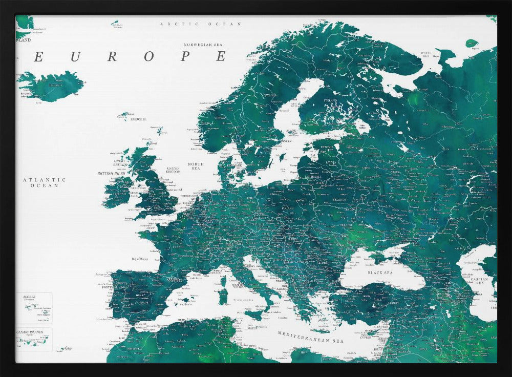 Teal detailed map of Europe | Poster