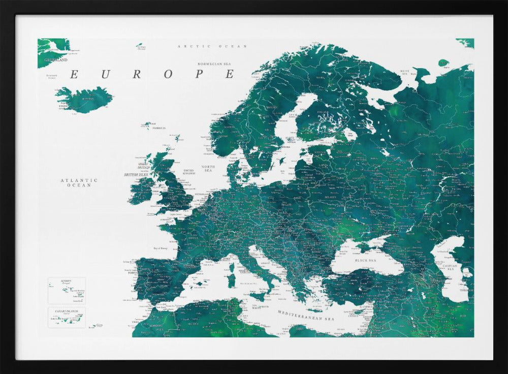 Teal detailed map of Europe | Poster