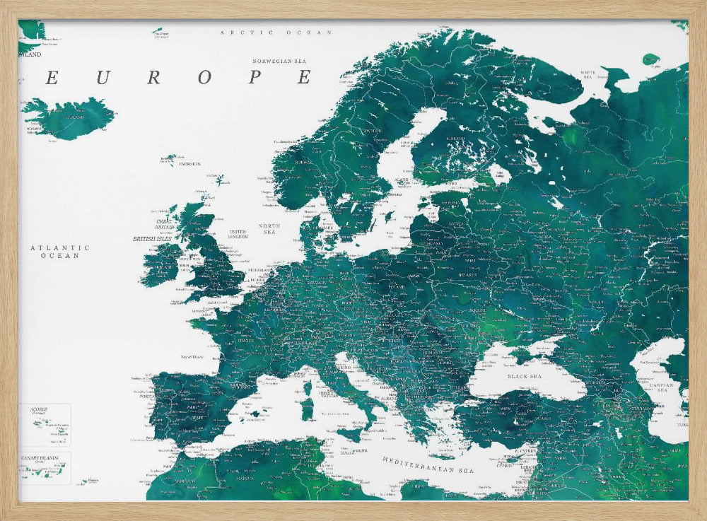 Teal detailed map of Europe | Poster