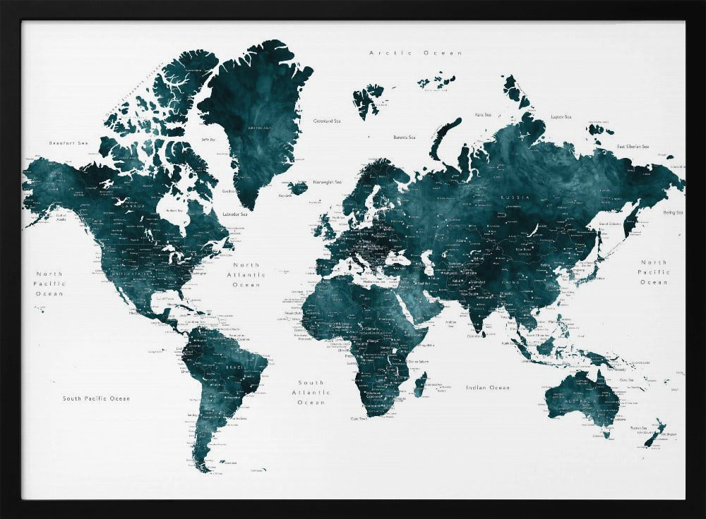 Dark teal world map with cities, Makani | Poster