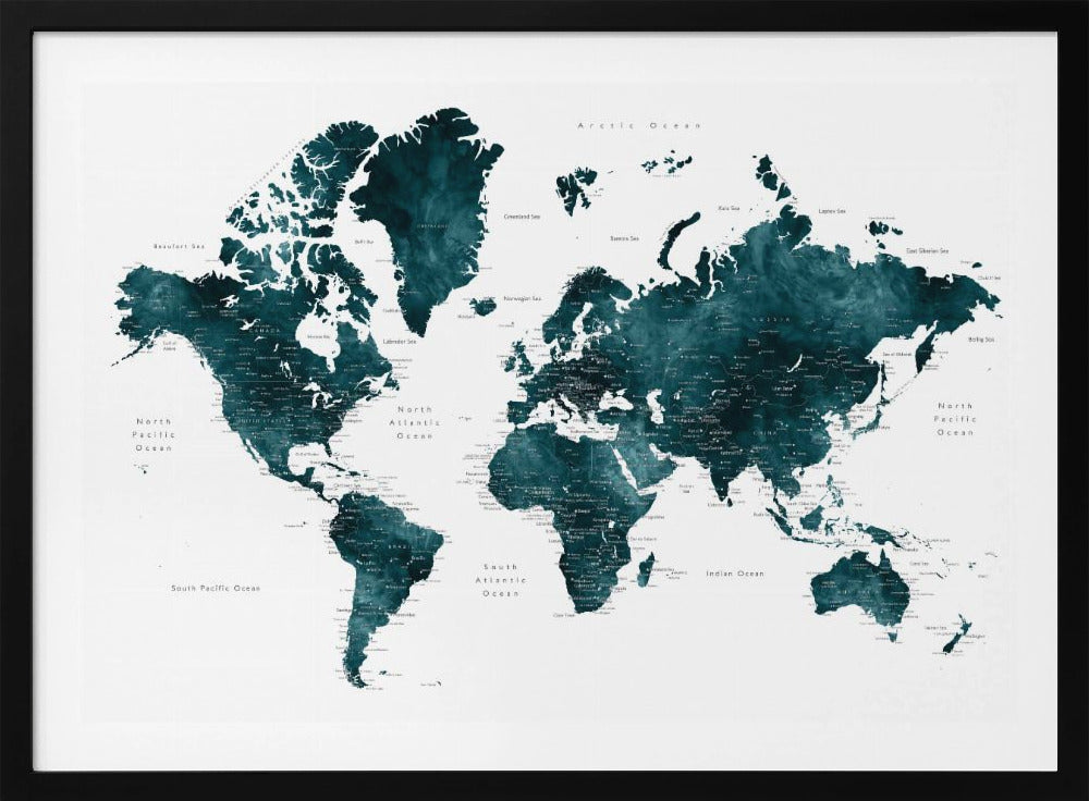 Dark teal world map with cities, Makani | Poster
